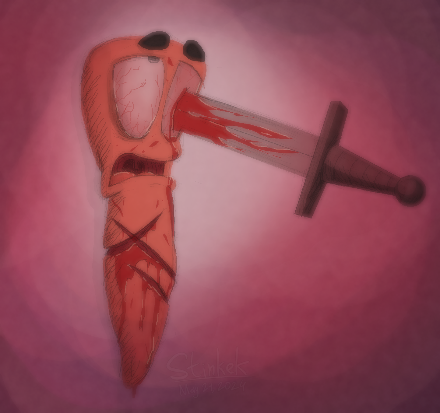 worm with cuts on body, pinned to wall by a sword, which pierces his head and one eye