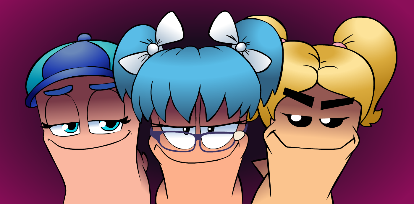 3 female worms from different games looking at viewer