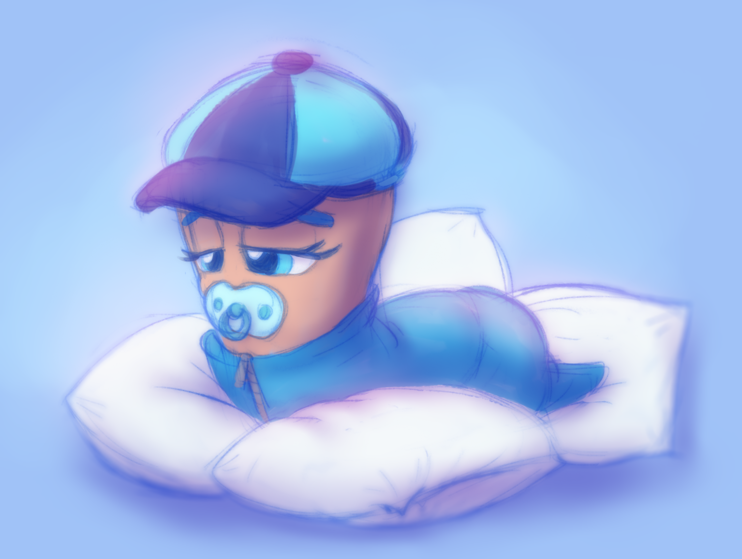 female Rumble worm with pacifier, onesie and diaper underneath, laying on pillows