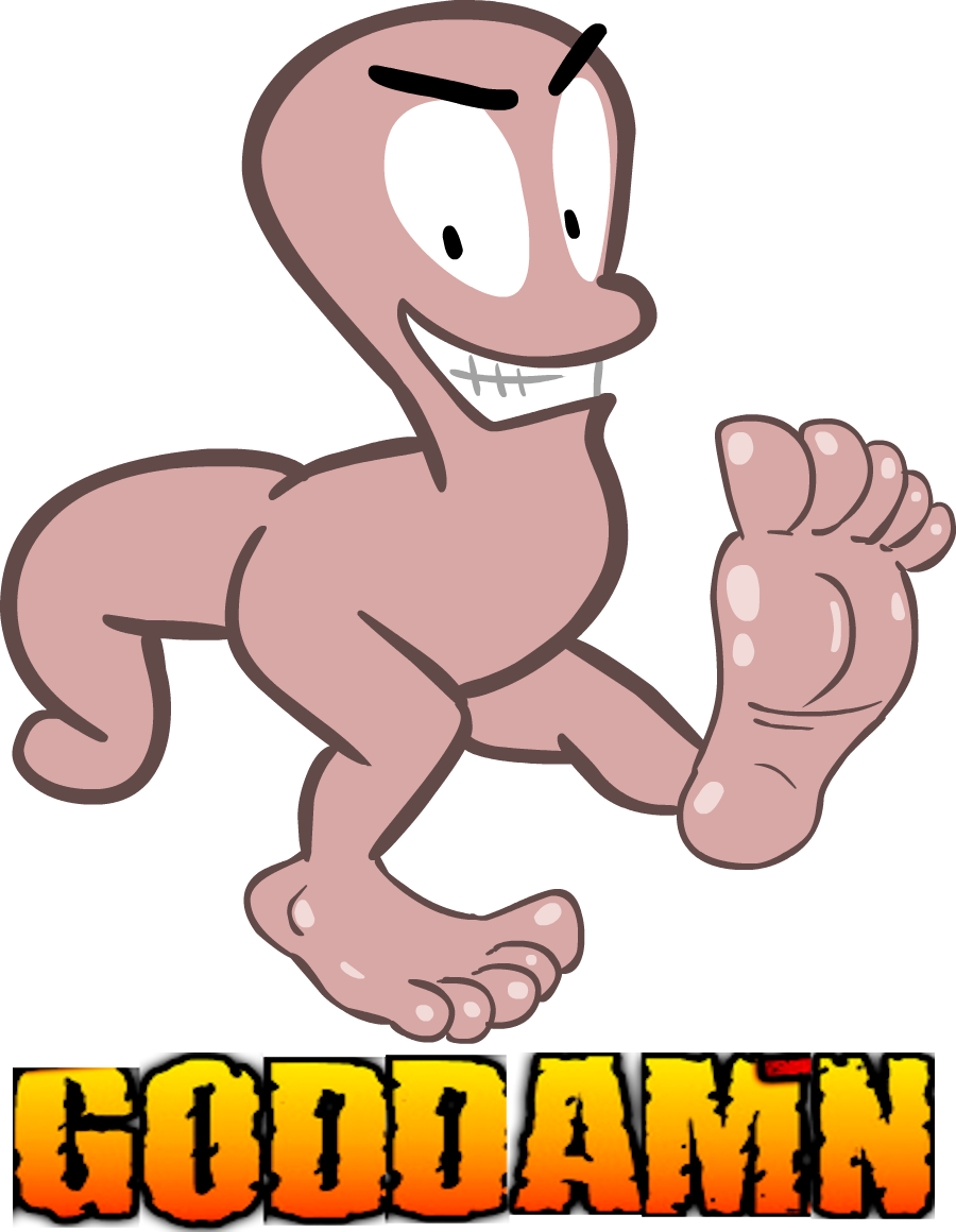 G2 male worm with legs ending in humanoid feet, with Expand Dong style caption GODDAMN
