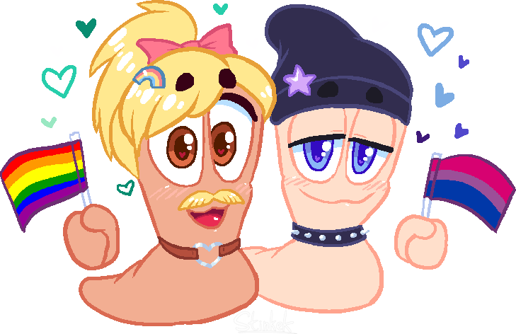 2 male worms holding pride flags