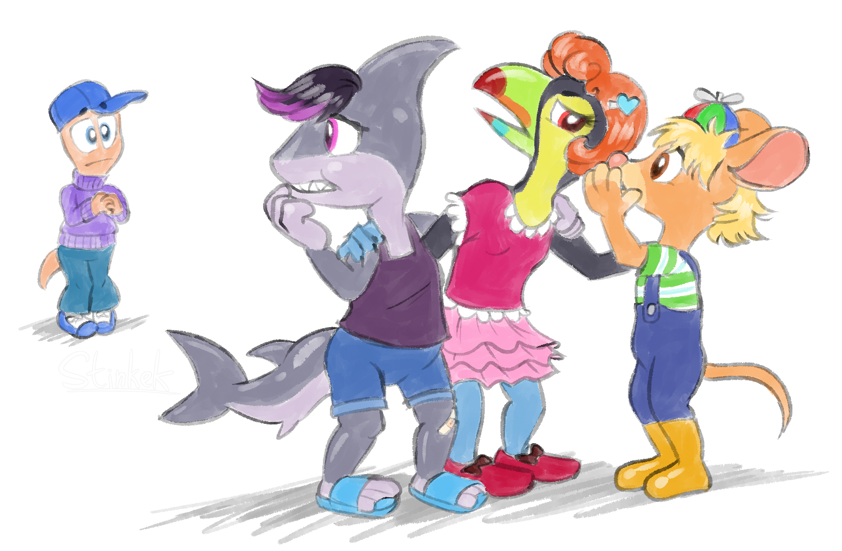 shark, toucan and mouse gossip about worm