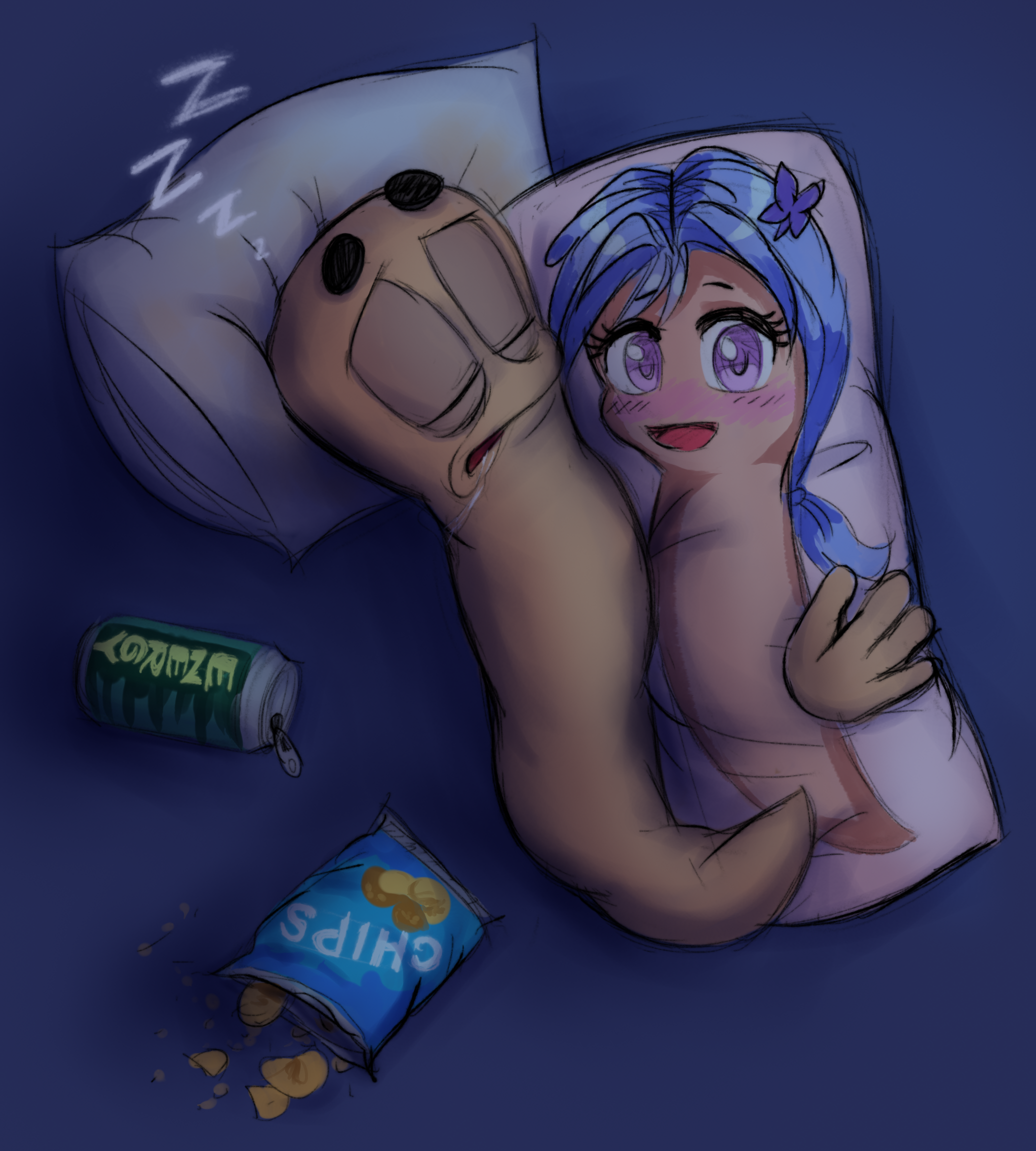 male worm sleeping with a body pillow which has anime female worm printed on it