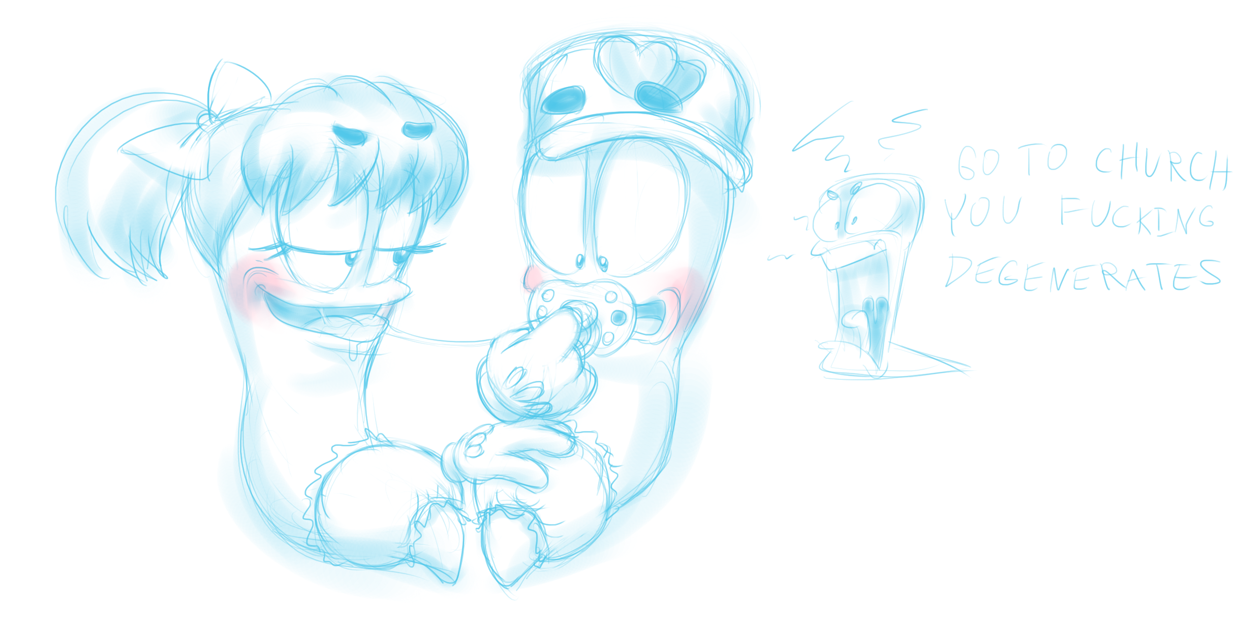 female and male worms in diapers, the female is sharing pacifier with male, plus angry worm in the BG kinkshaming them