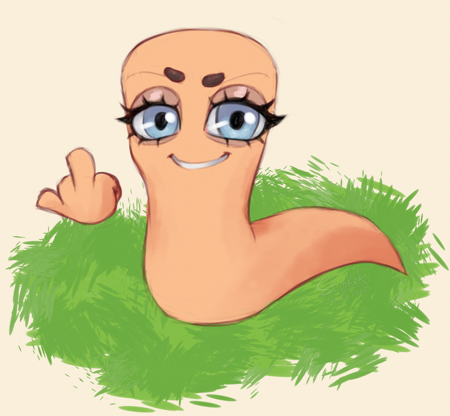 worm with uncharacteristic eyes flipping you off
