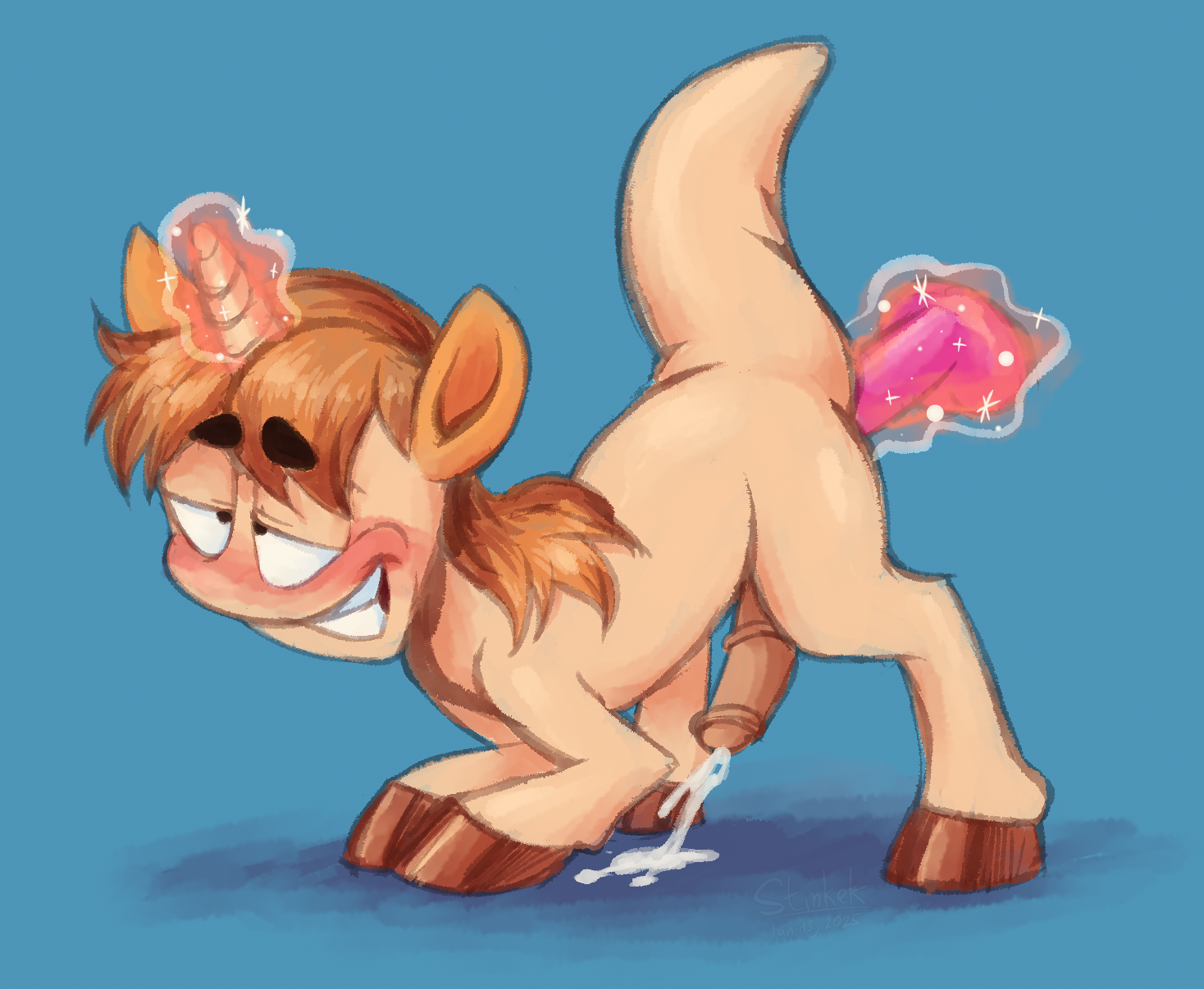 male fusion of worm with unicorn pony, using levitation magic to penetrate self with dildo