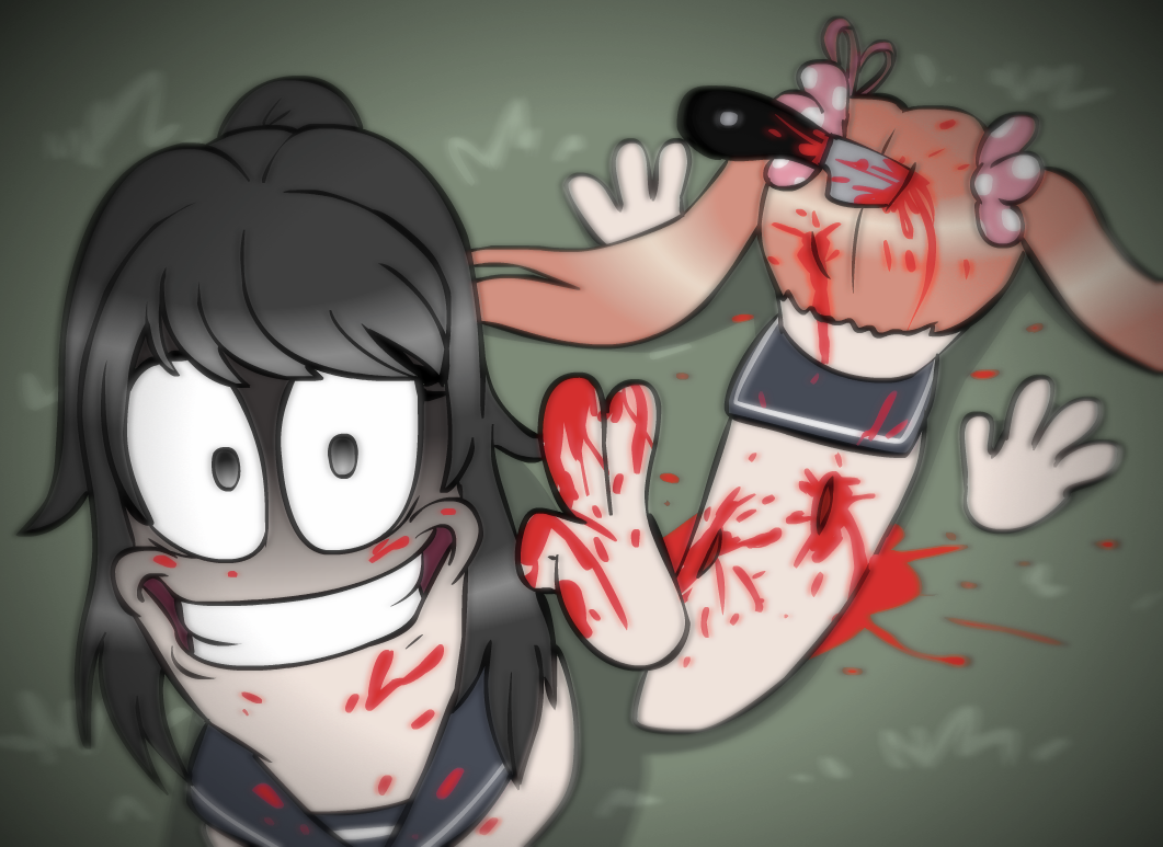 Ayano Aishi and Osana Najimi from Yandere Simulator as worms, Ayano is looking at viewer with a crazy grin and making V sign, Osana is lying dead with stab wounds and a knife in her head